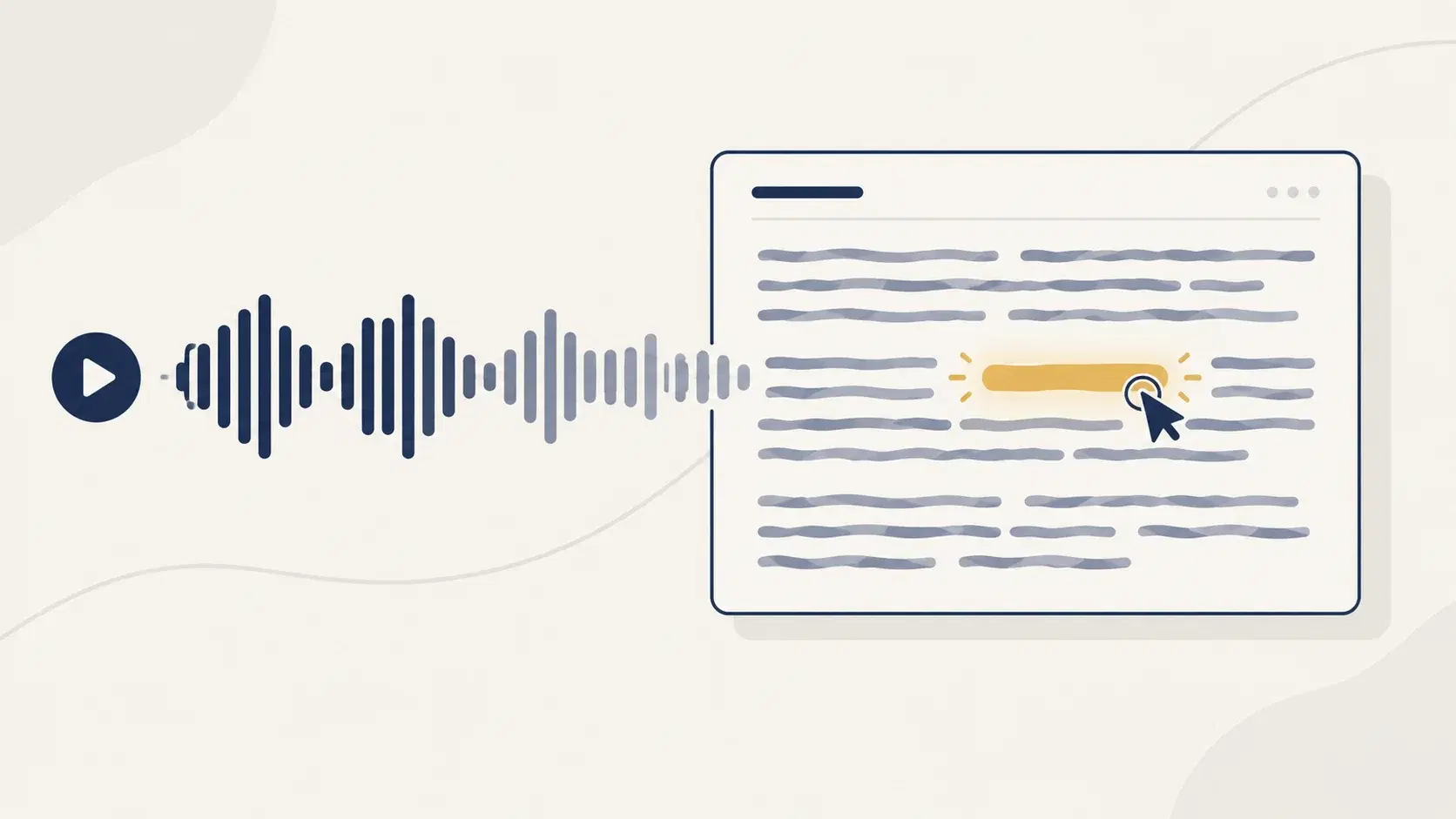 A recording waveform beside an open transcript with a single word highlighted and lifted out for lookup, showing listening practice turning a missed word into a learned one