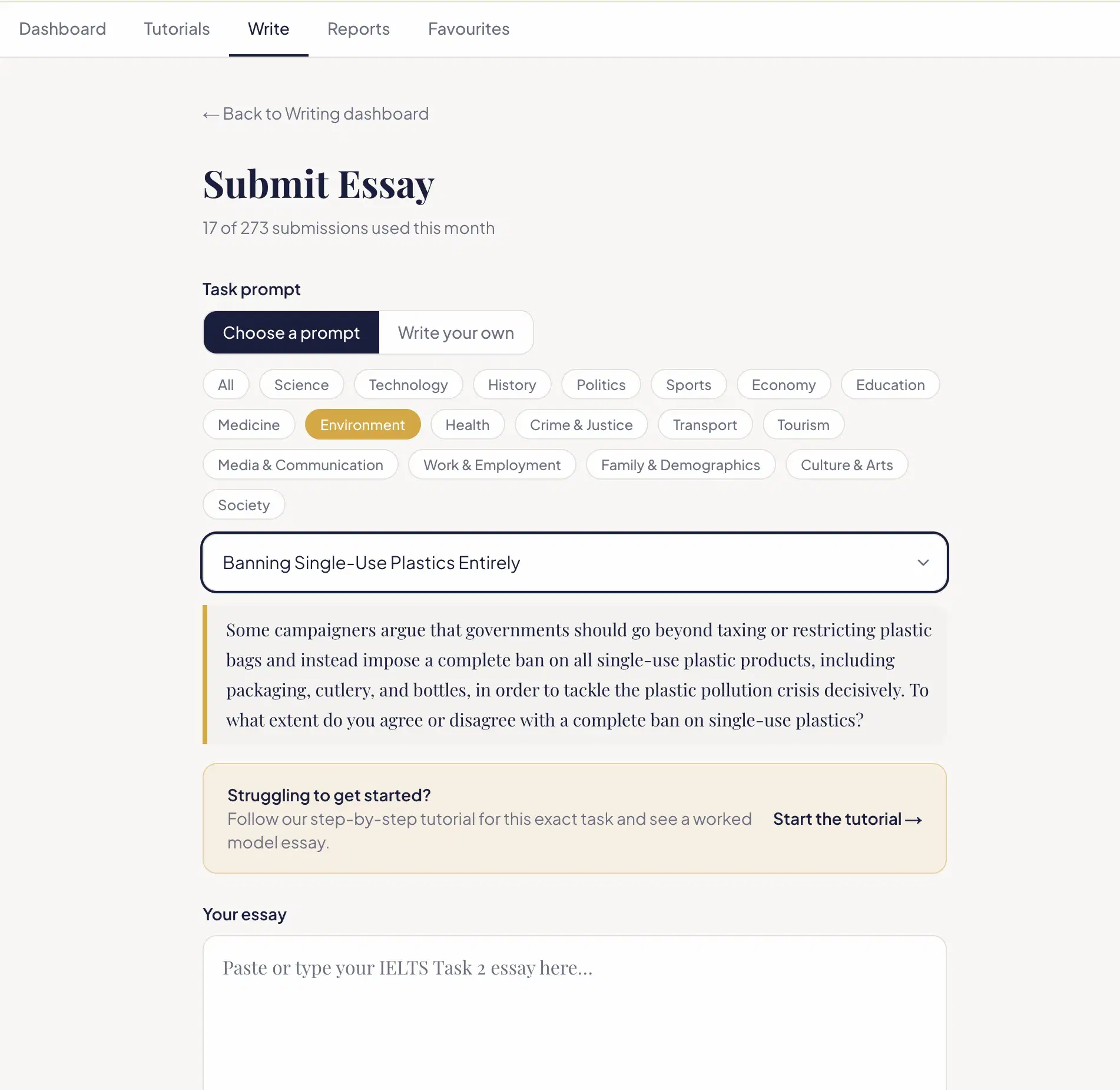 The Zadway Submit Essay screen with the Choose a prompt tab selected, topic category filters across the top, and a Task 2 prompt displayed in a shaded quote box