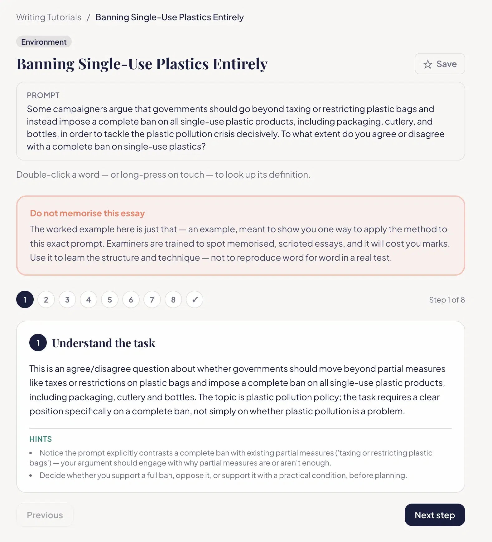The first screen of a Zadway Writing tutorial showing Step 1 of 8, Understand the task, with a numbered step navigator, an explanation paragraph, a Hints list and Previous and Next step buttons