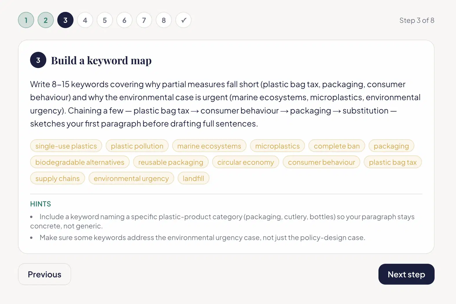A Zadway tutorial screen for Step 3, Build a keyword map, showing the explanation and hints for choosing topic-specific vocabulary
