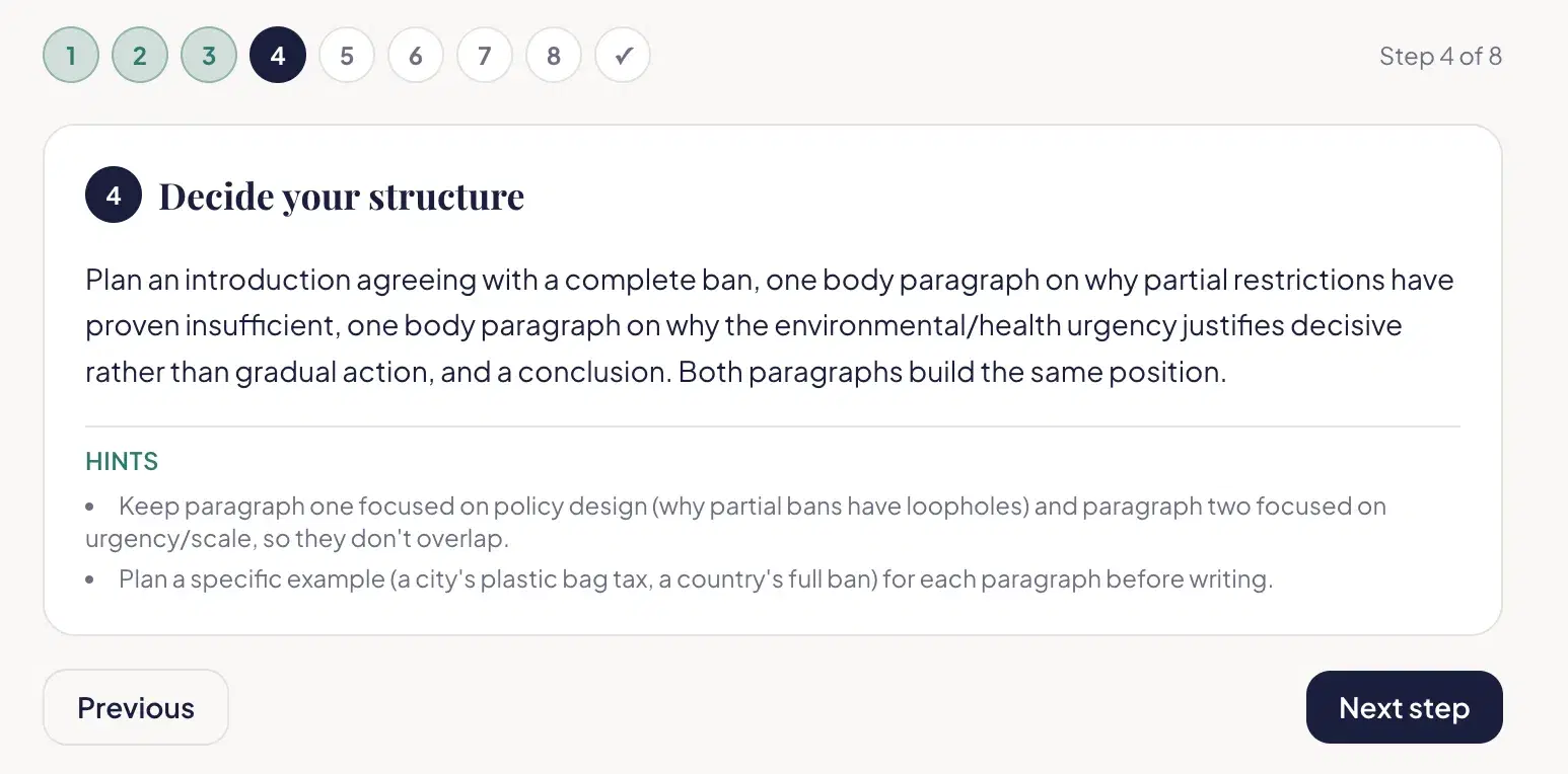 A Zadway tutorial screen for Step 4, Decide your structure, showing the paragraph-by-paragraph guidance and hints