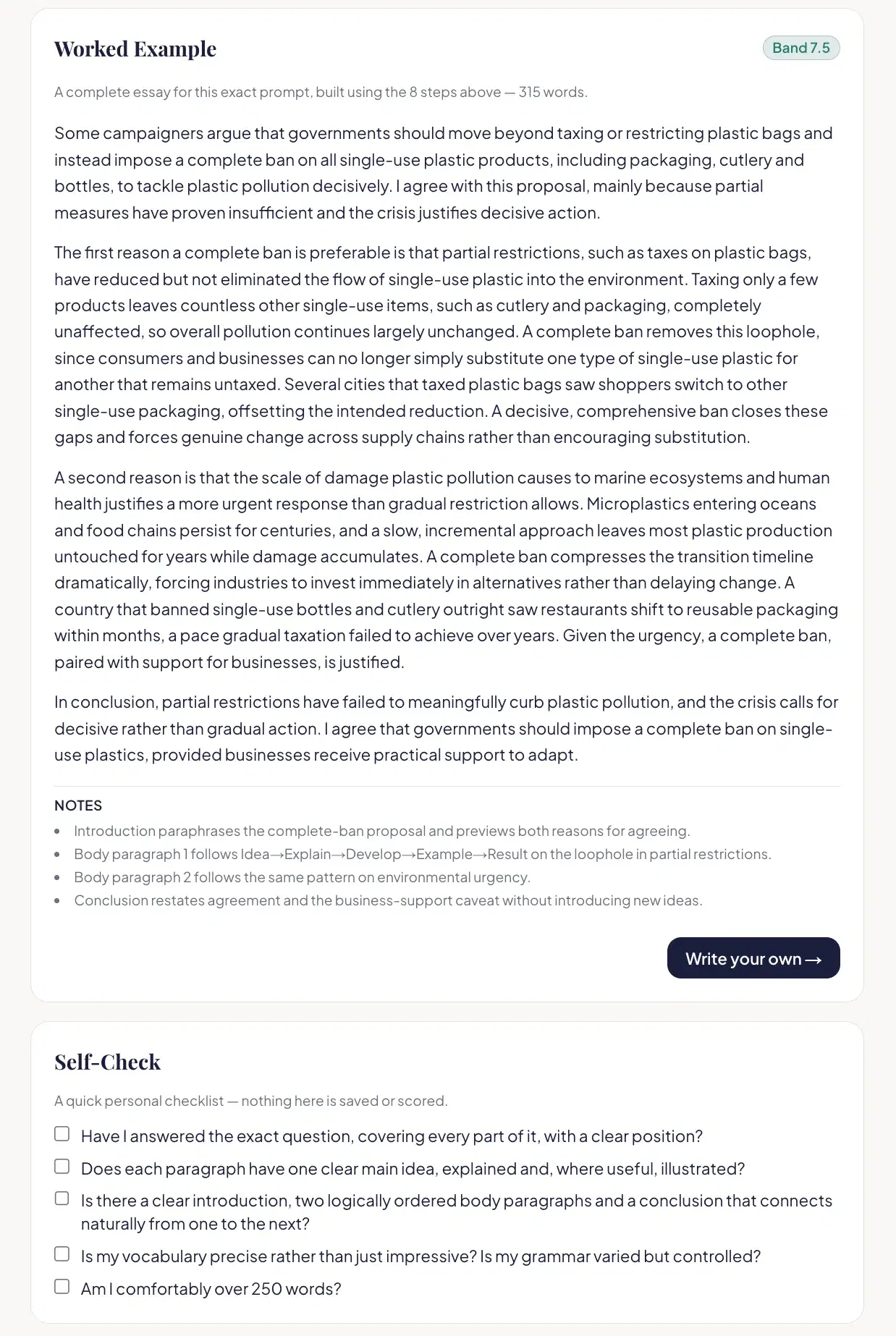 The final screen of a Zadway Writing tutorial showing a worked model essay with paragraphs and a self-check checklist beneath it