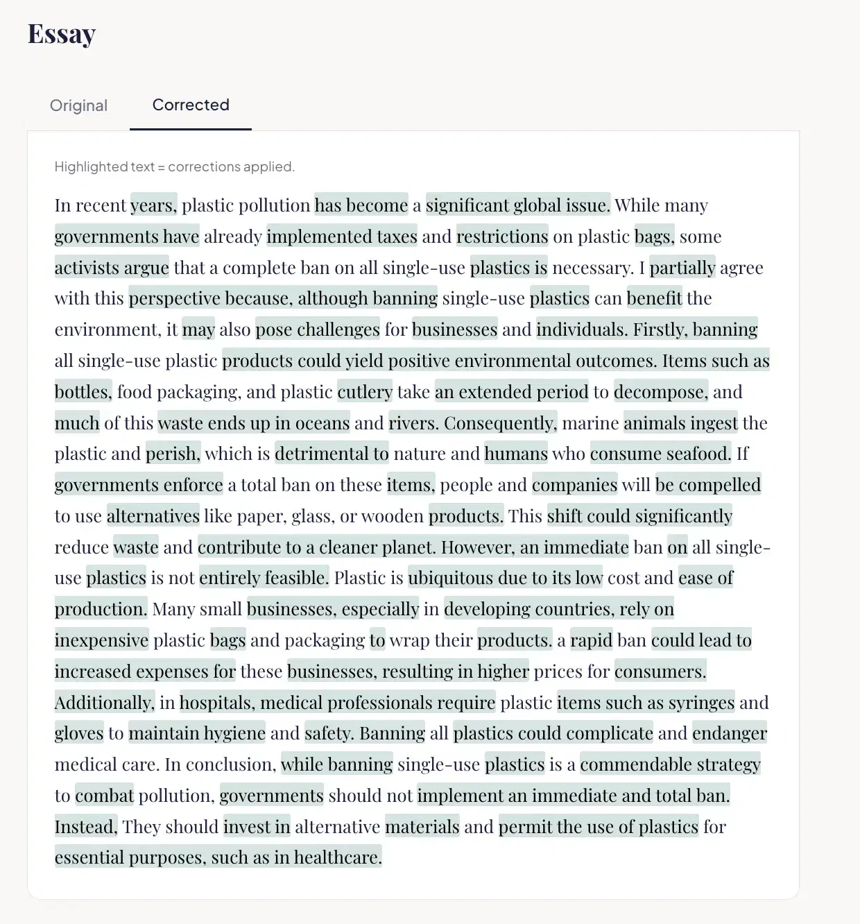 The Band 7 and Band 8 rewrite view in a Zadway Writing report, showing the student's essay alongside the two rewritten versions