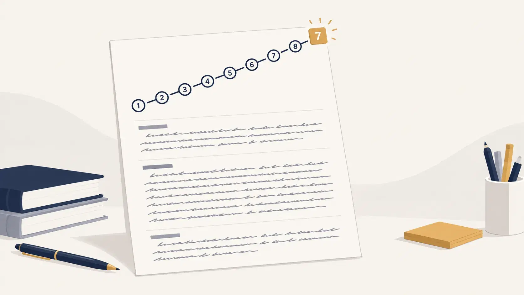 A blank essay page on the left turning into a numbered eight-step path leading to a structured essay and a rising band score on the right, showing Zadway's Writing tutorials taking a candidate from a blank page to Band 7+